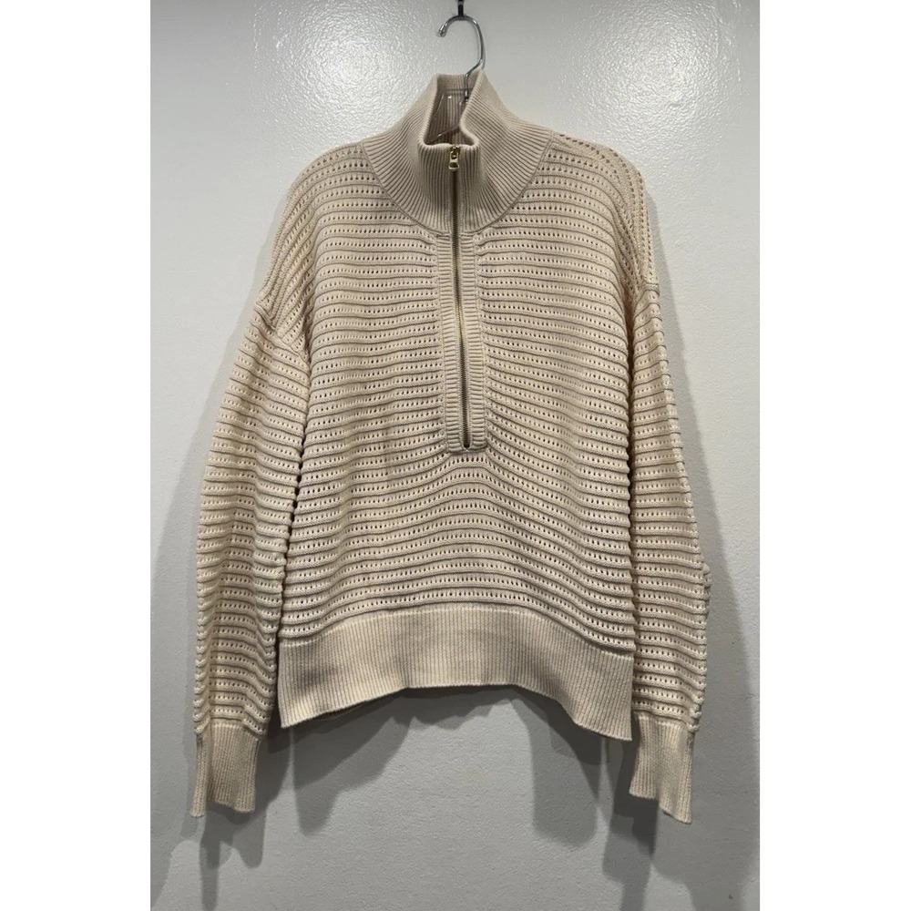 Varley‎ Tara Pointelle Half Zip Sweater Ivory Cream Size Large Open Knit